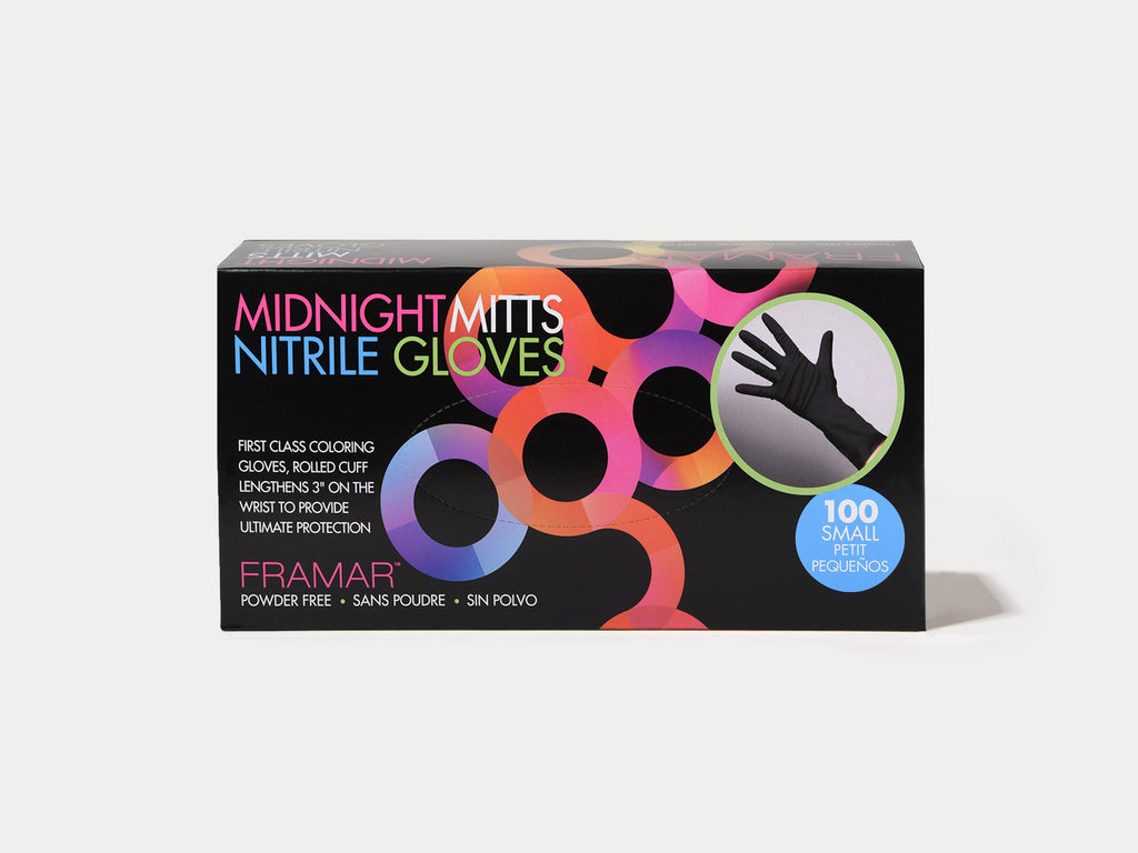 Framar Midnight Mitts Dispoable Gloves Black 100 Pack Size Small, Framar Stockist NZ, Framar Colour Gloves, Disposable Hairdressing Gloves, Salon Essentials, NZ Salon Supplies