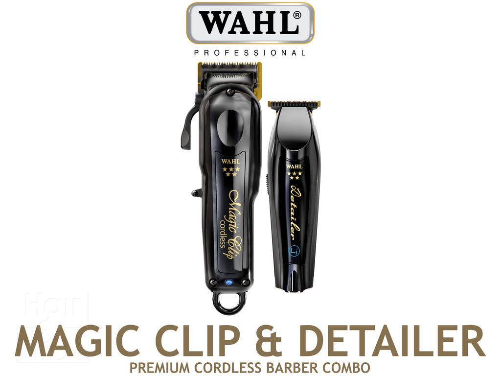 Wahl Professional 5 Star Magic Clip Cordless Clipper + Detailer Li Combo In Black With Gold DLC Blades, Hair Clippers,  Wahl Magic Clip With Stagger Tooth Crunch Blade, Magic Clip Clipper Perfect For Fades & Blending, Limited Edition Black Professional Clipper & Trimmer, Authorized Wahl Stockist NZ