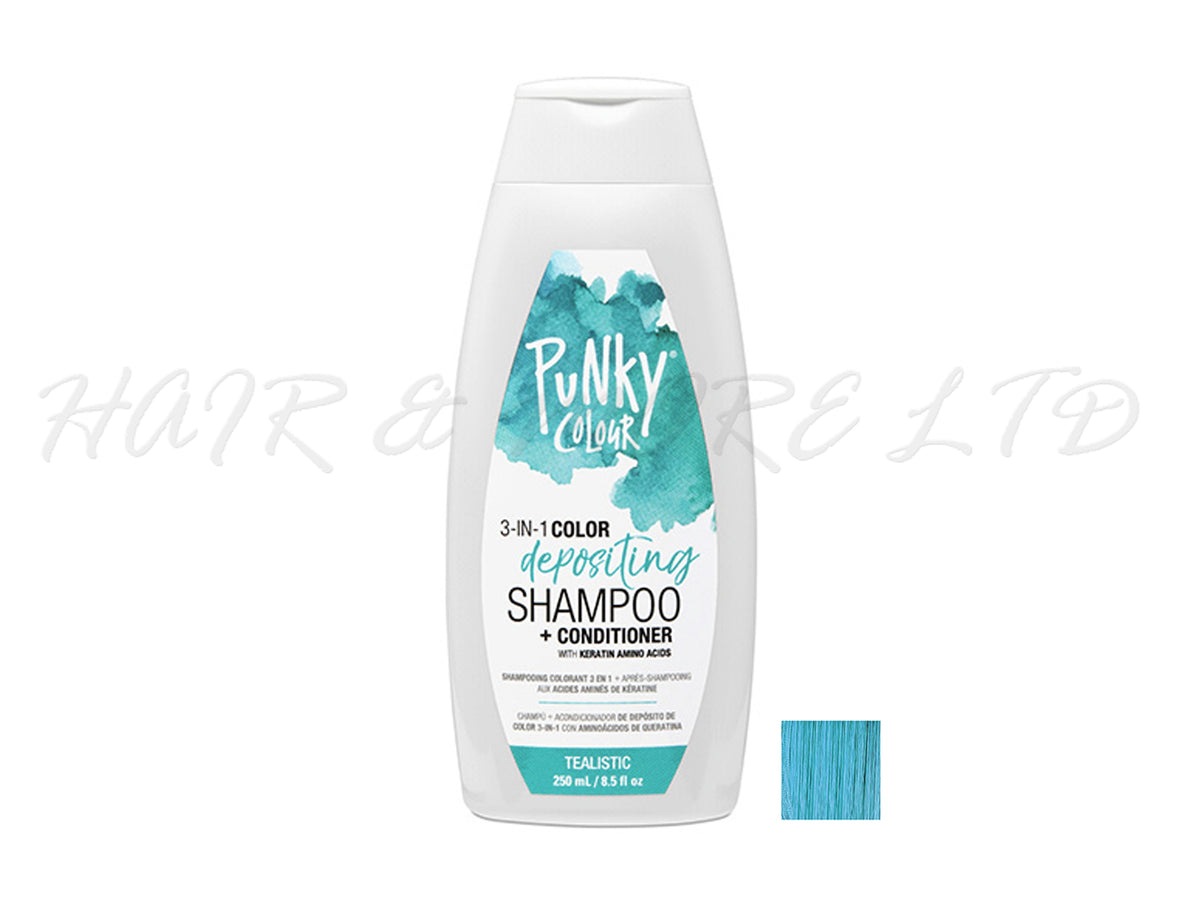 Punky Colour 3 In 1 Colour Depositing Shampoo + Conditioner 250ml - Tealistic Colour, Teal/Turquoise Hair Colour Depositing Shampoo & Conditioner In One, Freshen Up Hair Colour In One Step, Add Temporary Funky Colour To Light And Blonde Hair, Hair Colour Maintenance, Adds Colour & Shine To Hair, Professional Hair And Beauty Supplies, NZ Salon Supplies