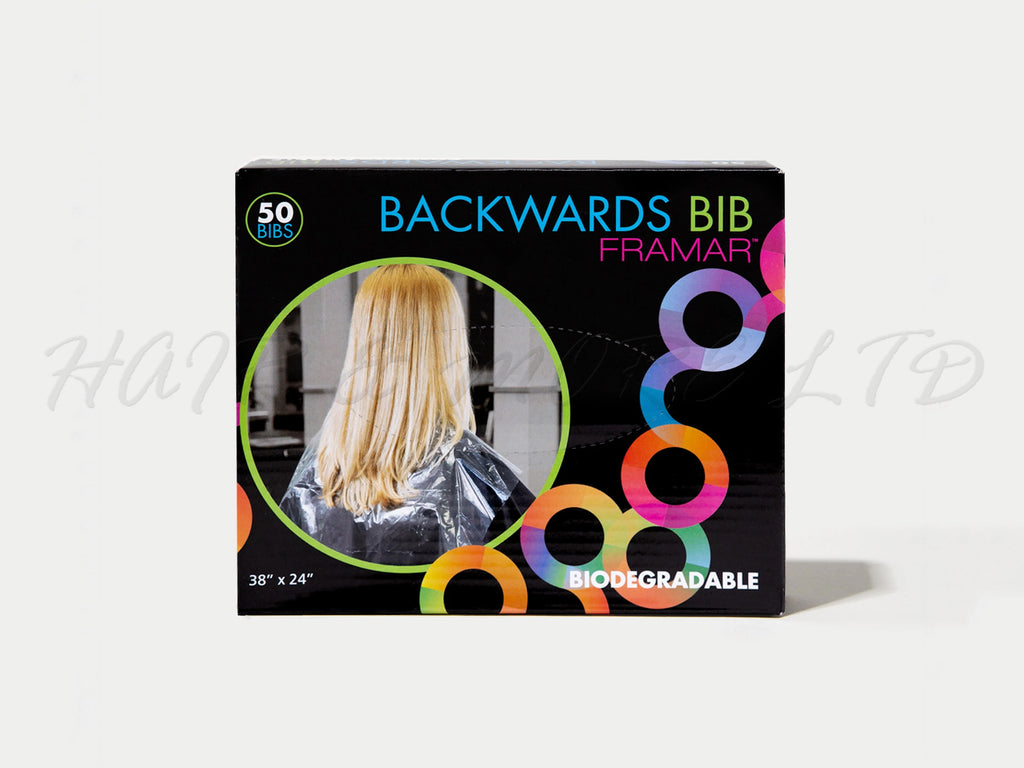Framar Backwards Bibs 50 Box, Biodegradable Plastic Colour Cover Bibs To Protect Salon Capes From Chemicals/Colour/Bleach, Framar Backward Bibs - Save Clean Up On Capes And Furniture, NZ Framar Stockist, NZ Professional Salon Supplies, NZ Salon Supplies