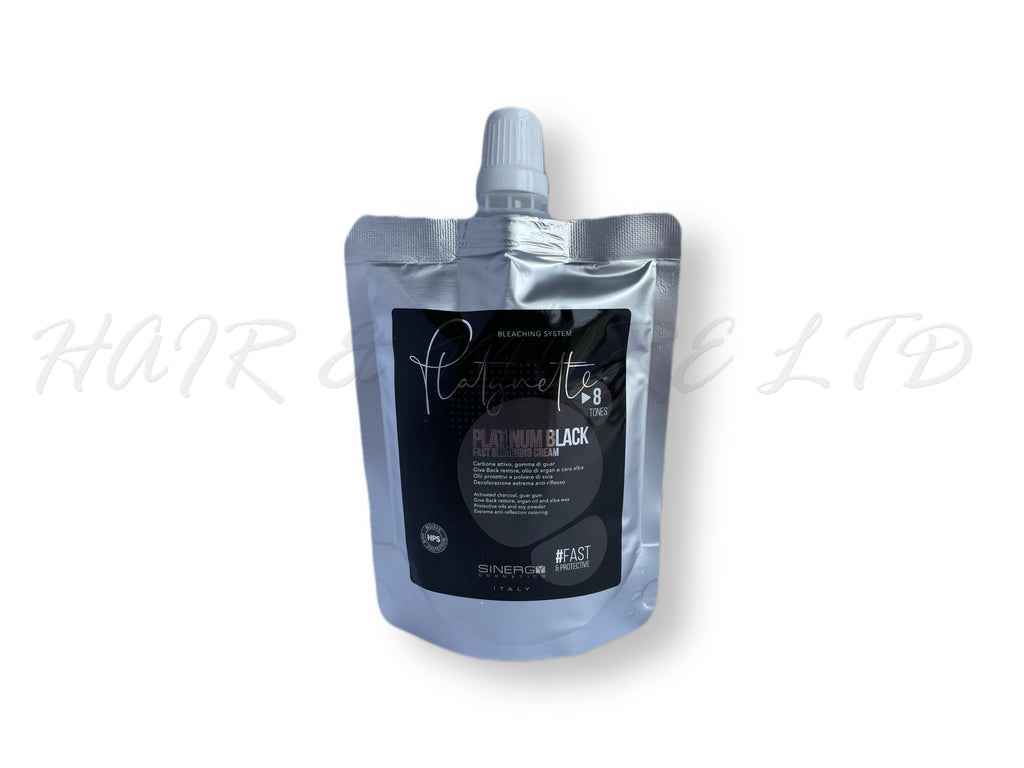 Sinergy Platynette Platinum Black Bleach Cream 250g With Activated Charcoal, Sinergy Charcoal Cream Bleach Suitable For On And Off Scalp Hair Lightening Applications, Cream Bleach With Up To 8 Levels Of Lift, Grey/Black Pigments For Cleaner Brighter Blonde Results, Charcoal & Built In 'Give Back' Plex Treatment Helps Counteract Yellow Tones In Hair & Restructure While Lightening, Sinergy Bleach Made In Italy, Professional Salon Hair Lightener, NZ Hair And Beauty Supplies, Professional Salon Supplies