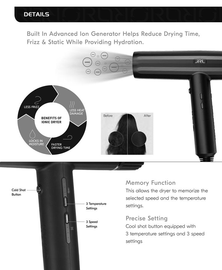 JRL 2020H Forte Pro Hair Dryer - Onyx Black