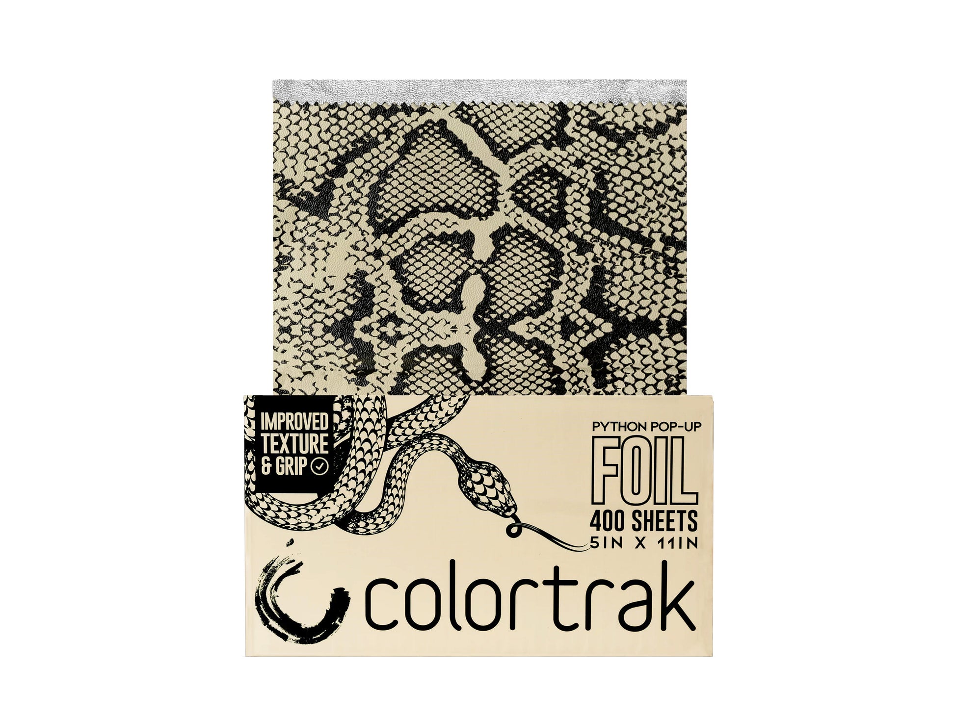 Colortrak Python Embossed Pop Up  Foils 400 Sheets 5" x 11", Cream Coloured Back Ground With Black Snake Skin Pattern, Pre-Cut Pop Up Hair Highlighting Foil 5" x 11" 