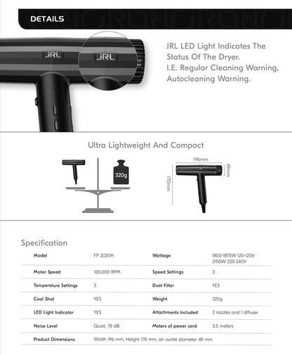 JRL 2020H Forte Pro Hair Dryer - Onyx Black