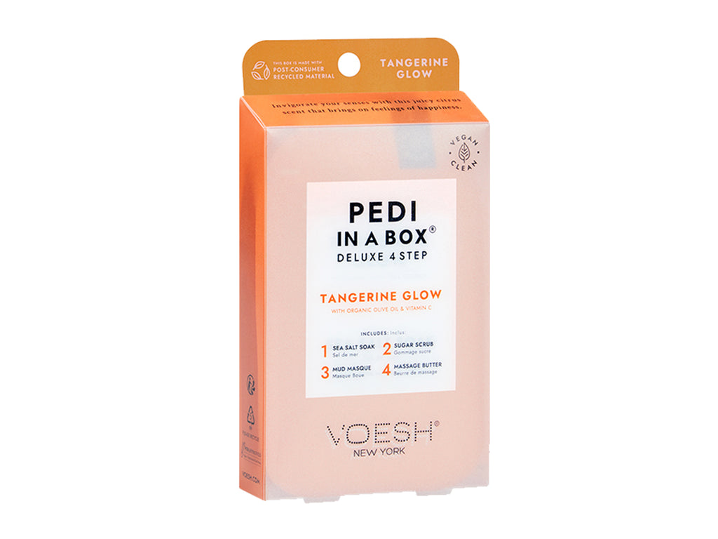 Voesh Pedi In A Box - Deluxe 4 Step Pedi - Tangerine Glow, Vegan Pedicure In A Box Kit, DIY Pedicure, Self Care, Pamper Your Feet At Home, 4 Step Pedicure Kit, KBeauty, Great Hair & Beauty Salon Retail Item, NZ Salon Supplies, Voesh NZ