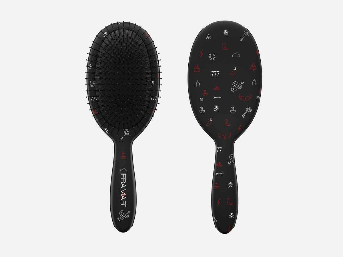 Framar Limited Edition' Get Lucky' Detangle Brush - Ace, Black Hair Brush With White And Red Tattoo Art Detail