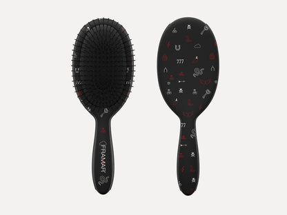 Framar Limited Edition' Get Lucky' Detangle Brush - Ace, Black Hair Brush With White And Red Tattoo Art Detail