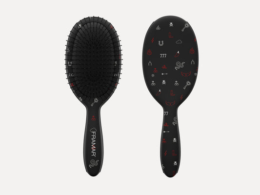 Framar Limited Edition' Get Lucky' Detangle Brush - Ace, Black Hair Brush With White And Red Tattoo Art Detail