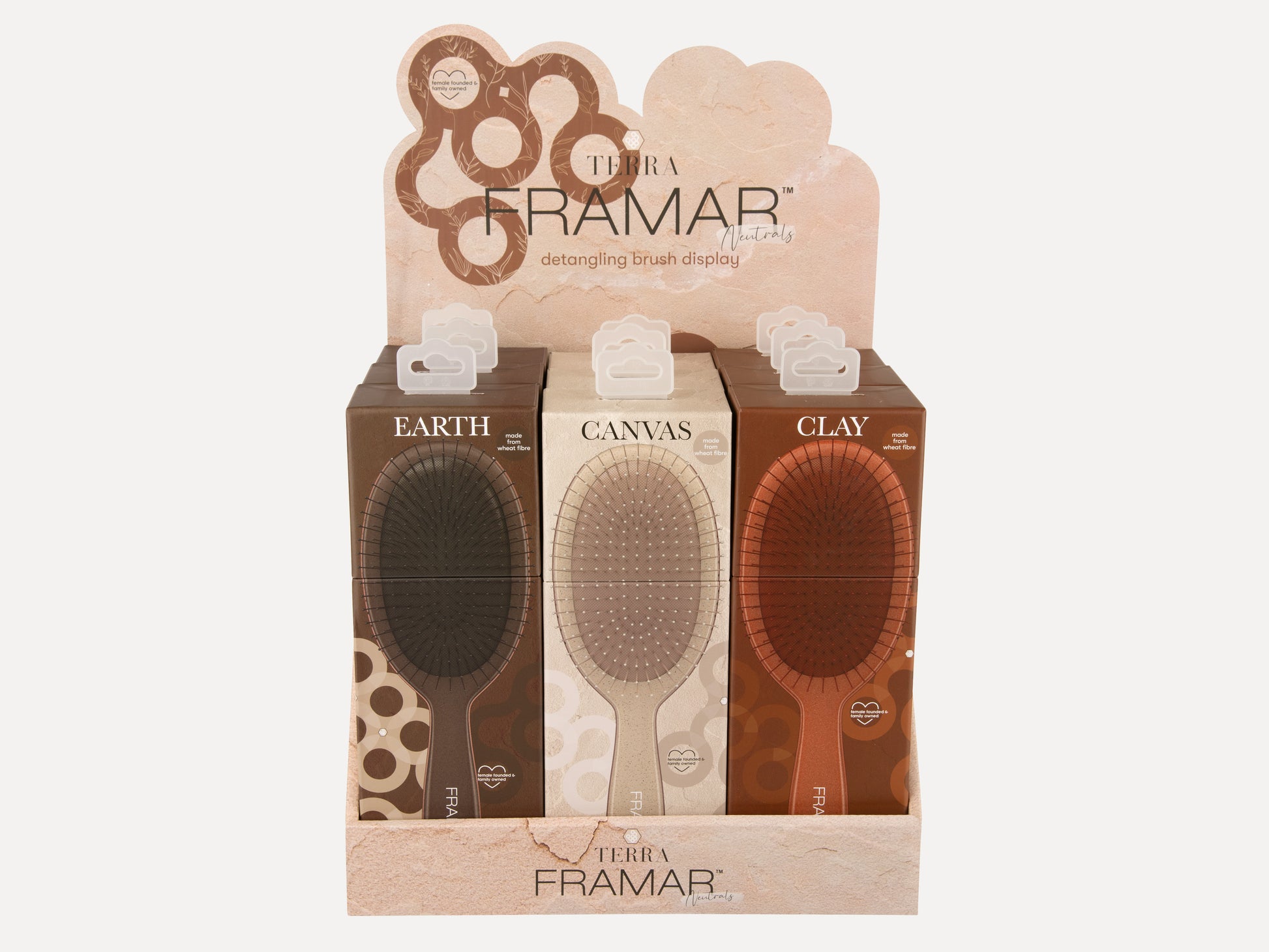 Framar Limited Edition 'Terra' Wheat Fibre Detangle Brush 9 Piece Display - Canvas - Clay & Earth Coloured Brushes, Earthy Toned Hair Brushes - 3 Of Each Made From Biodegradable Wheat Fibre
