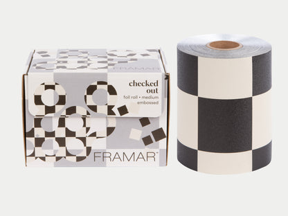 Framar Checked Out Embossed Foil Roll 97.5m, Framar Roll Foil With Cutter Bar - Cut To Size In Check Pattern In Cream And Black Colours