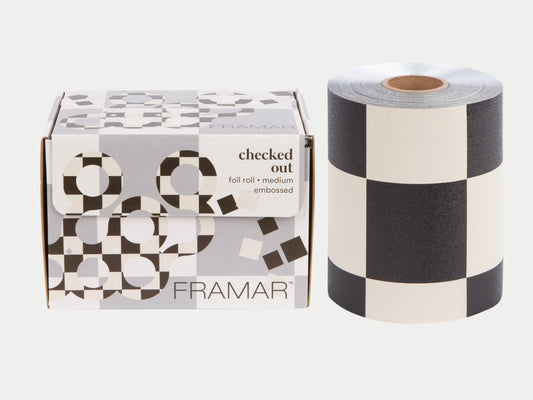 Framar Checked Out Embossed Foil Roll 97.5m, Framar Roll Foil With Cutter Bar - Cut To Size In Check Pattern In Cream And Black Colours