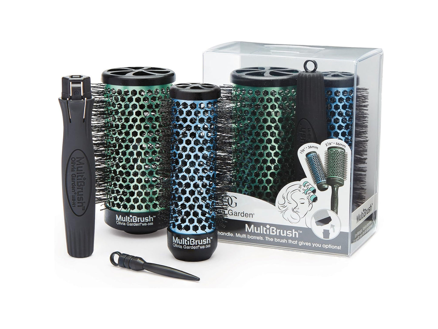 Olivia Garden MultiBrush 3pc Kit Including Large And Medium Round Blow Dry Brush Barrels & One Handle, 2 1/8" Round Brush Barrel + 1 3/8 Round Brush Barrel With Clip On/Off Handle, Olivia Garden Blow Dry Brush Set, Olivia Garden Round Brushes, Blow Dry Brushes With Removable Handle & Pick In Handle, Olivia Garden NZ, Professional Salon Supplies NZ