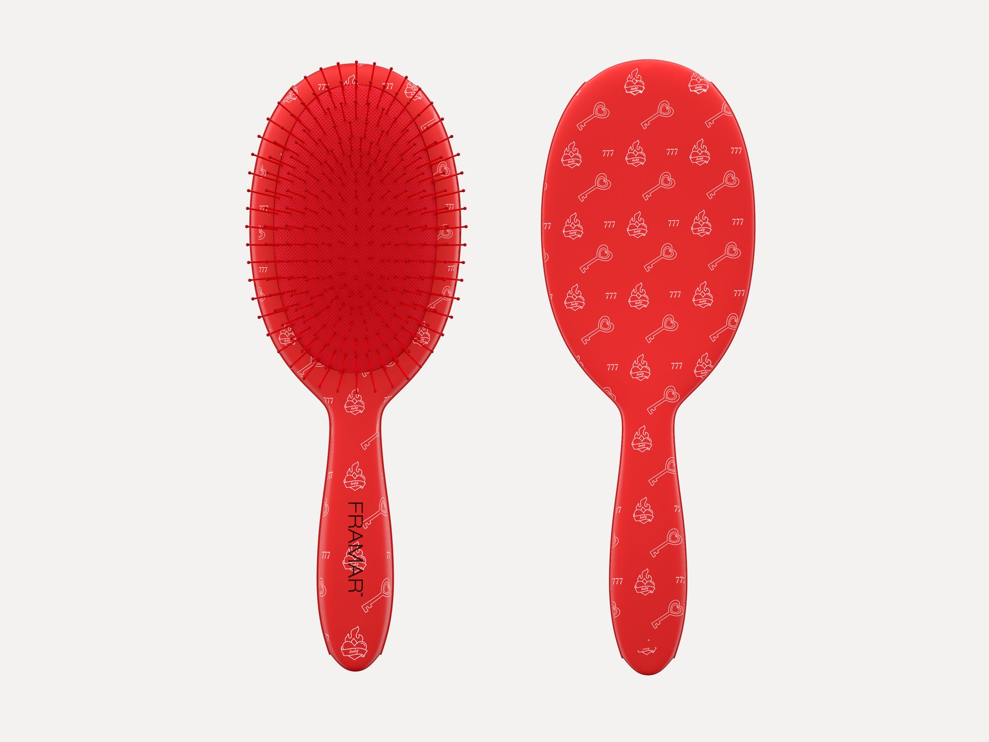 Framar Limited Edition 'Get Lucky' Detangle Brush - Charm, Red Hair Brush With White Tattoo Art Detail 