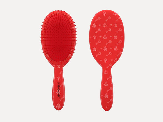 Framar Limited Edition 'Get Lucky' Detangle Brush - Charm, Red Hair Brush With White Tattoo Art Detail 