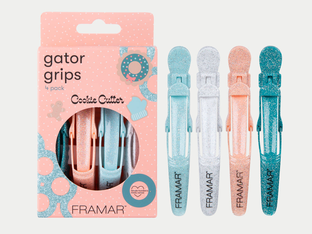 Framar Limited Edition Cookie Cutter Gator Grips 4 Pack, Cute Glitter Gator Sectioning Clips In 4 Different Colours