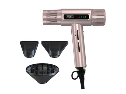 Wahl Vanquish T Shapes Hair Dryer Rose Gold, Wahl Vanquish Professional Dryer With Flow-Control Technology Weighs Only 340g, Vanquish Dryer Includes 2 Magnetic Concentrator Nozzles And A Diffuser, LED Screen Displays 4 Speed And 3 Heat Settings, Wahl Vanquish Features An Auto-Clean Function, Official Wahl Stockist NZ, Wahl AU/NZ Authorized Distributor, Professional Salon And Barber Supplies NZ