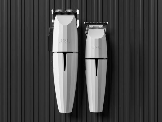 JRL Ghost Clipper & Trimmer Duo White,  JRL Clipper With Smart-Clip Technology, Hair Clippers, Hair Trimmers, JRL Ghost Clipper With 5 Hours Run Time From 3 Hour Charge, JRL Clipper With Fade Precision Blade, 360 degree Exposed Ultra Sharp T Shape Trimmer Blade, JRL Ghost Trimmer With Up Charging Docks Included, LED Display Shows Remaining Run Time, JRL Ghost Duo Includes Guides For Both Clipper & Trimmer, Authorized JRL Stockist NZ