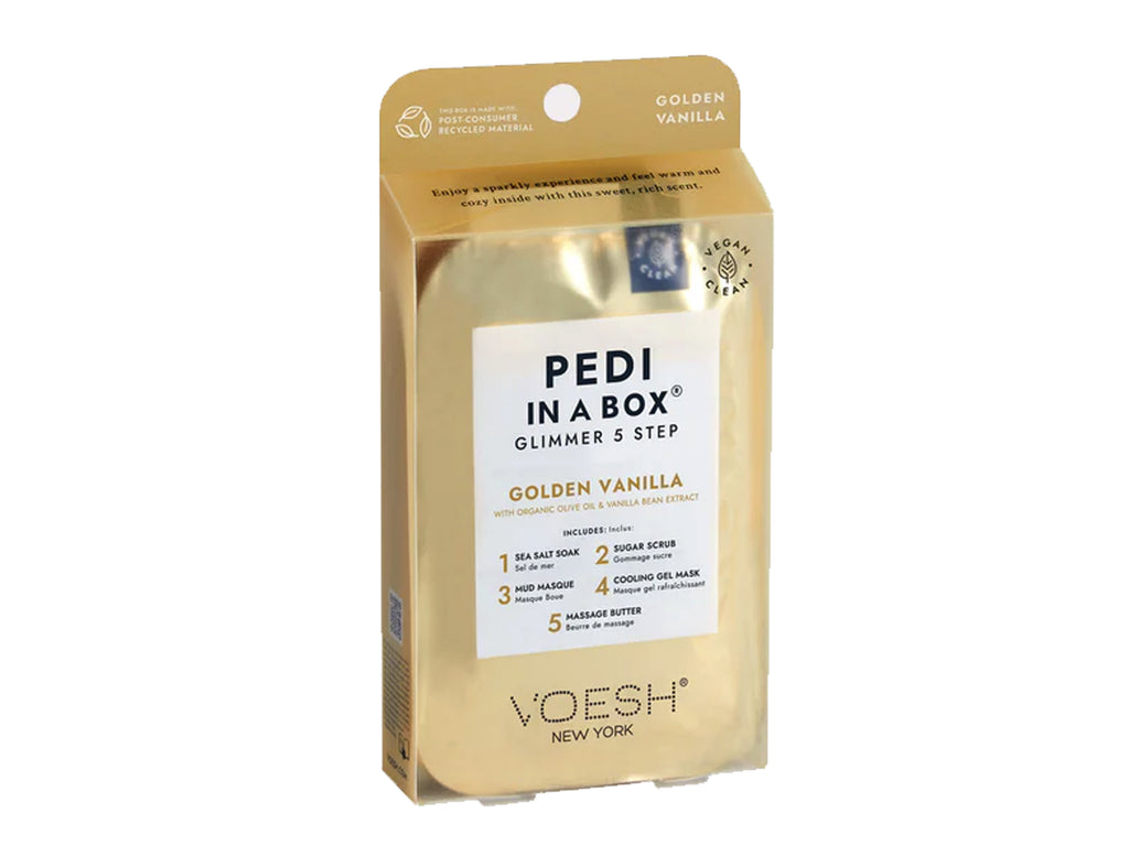 Voesh Pedi In A Box - Glimmer 5 Step Golden Vanilla, Vegan Pedicure In A Box Kit, DIY Pedicure, Self Care, Pamper Your Feet At Home, 5 Step Pedicure Kit, KBeauty, Great Hair & Beauty Salon Retail Item, NZ Salon Supplies, Voesh NZ