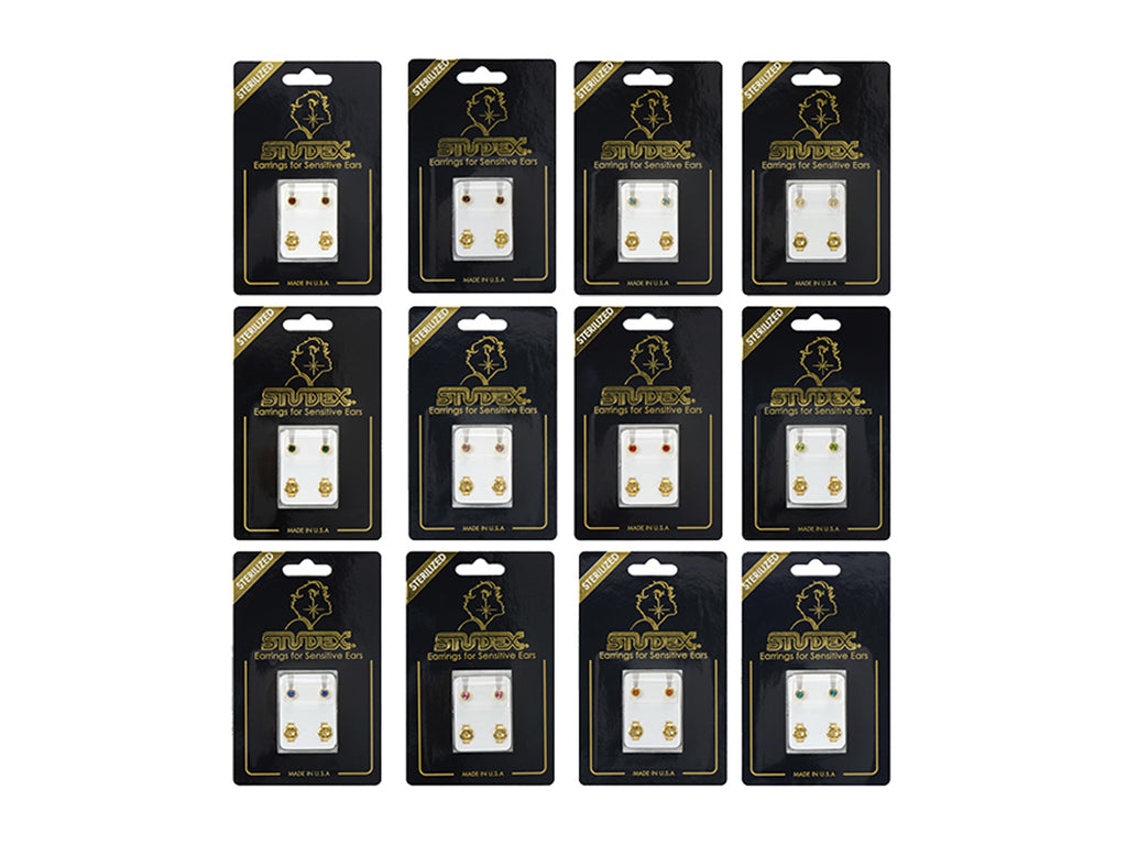 Studex Gold Plated Birthstone Earrings Retail Hang Display, 12 Pairs - Great for Retail!