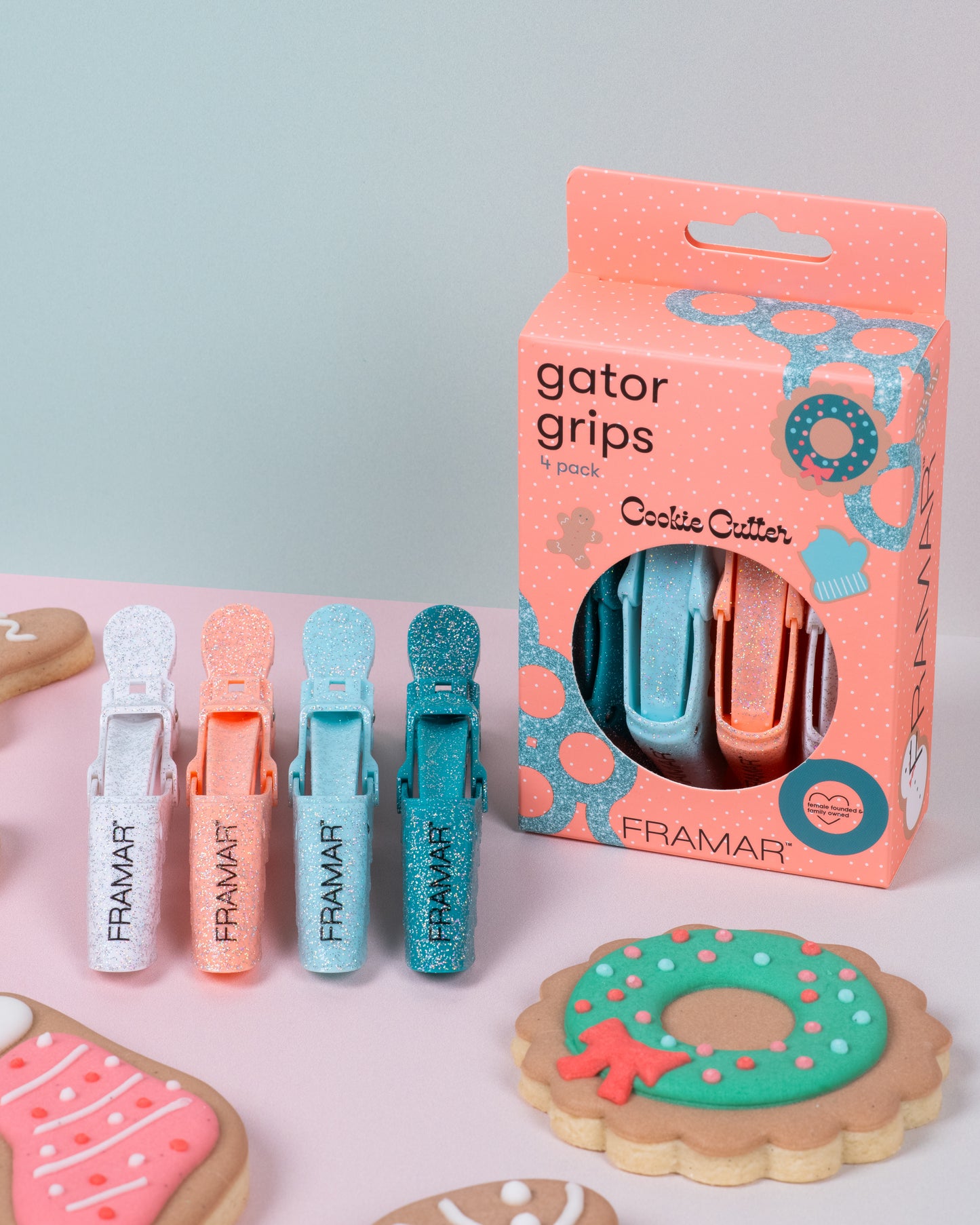 Framar Cookie Cutter Glitter Gator Grip Hair Clips 4pcs