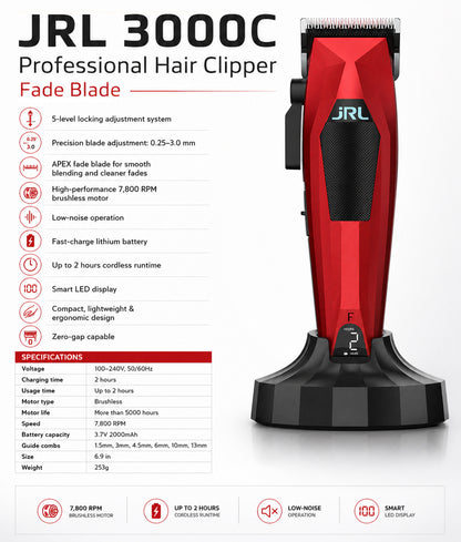 JRL 3000C Compact Clipper, Fade Blade - Red