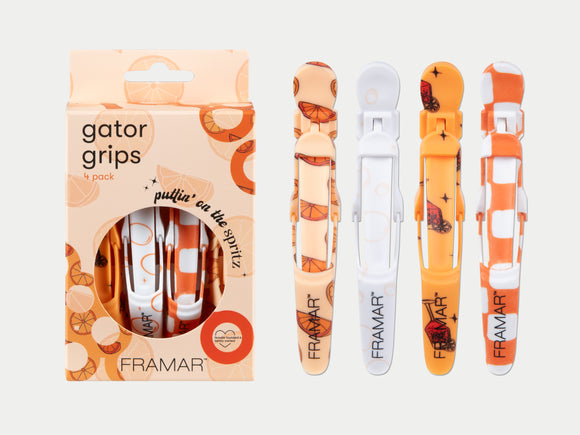 Framar Puttin' On The Spritz Gator Grips 4 Pack, Framar Gator Grips Sectioning Clips Set of 4 With Citrus + Orange & White Check + Orange Spritz Patterns - Limited Edition, White & OrangeSpritz Theme Clips, Summer Vibes Framar Gator Clips, Framar Puttin' On The Spritz, Authorized Framar Stockist NZ, Professional Salon Supplies NZ, Colortrak, Styletek