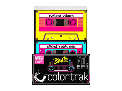Colortrak Beatz Pop Up Foils 5x11" 400 Pack Of 90's Mix Tape Inspired Pre-Folded Foils, Thick & Embossed Pre Folded Pop Up Highlighting Foils, Professional Hairdressing Foils, Hair Highlighting Foils, Mix Tape Pattern Highlighting Foil, Colortrak NZ, Framar Highlighting Foil, StyleTek Foil NZ, NZ Salon Supplies