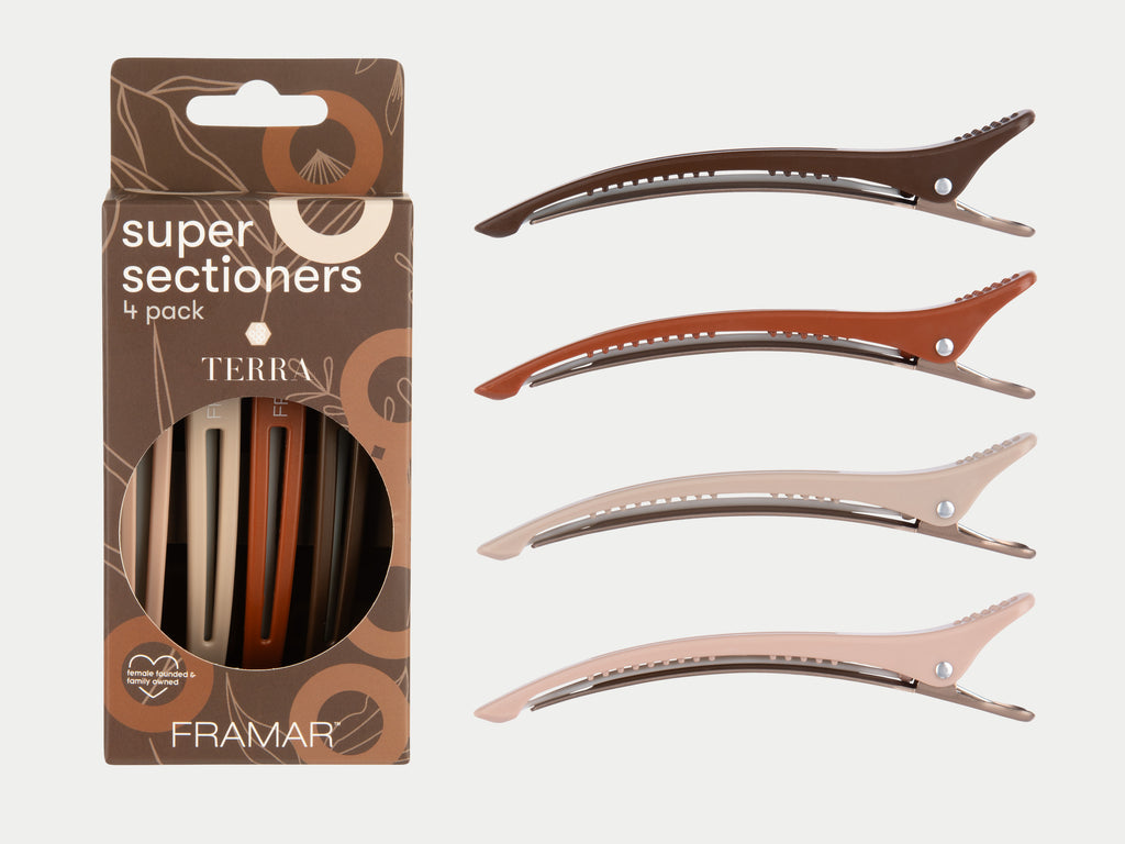 Framar Limited Edition 'Terra' 4 Pack Super Sectioners Sectioning Clips, Hair Sectioning Clips, Earthy Toned Hair Sectioning Clips 4 Different Colours, Framar Neutrals, Framar NZ, Salon Supplies NZ, Professional Salon Suppliers NZ, Hair Products Online