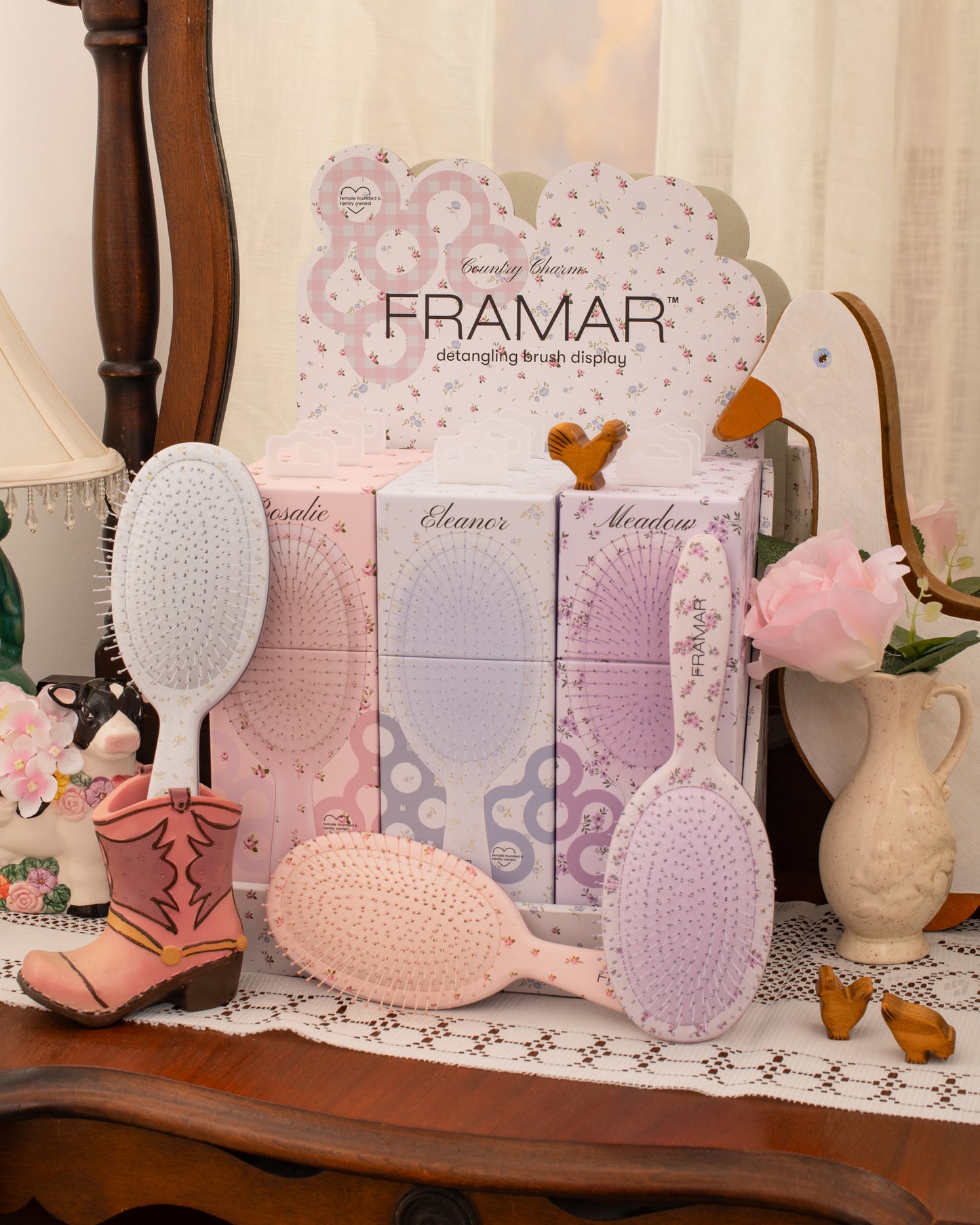 Framar Country Charm 9PC Detangle Hair Brush Retail Display