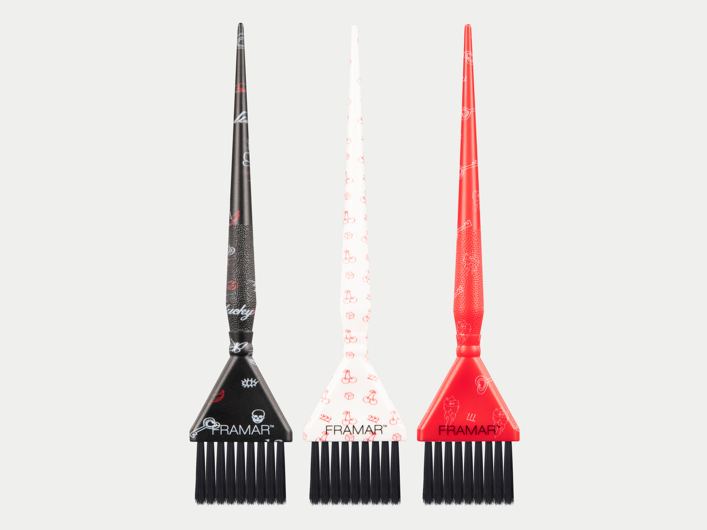 Framar Limited Edition Get Lucky Triple Threat Tint Brush Set Of 3 - One Red + One White +_ One Black, Framar Get Lucky Tint Brushes With White + Black And Red Tattoo Art Detail, Framar Get Lucky Collection - Limited Edition, Triple Threat Medium Sized Hair Colour Brushes, Framar NZ, Salon Supplies NZ, Professional Salon Suppliers NZ, Hair Products Online