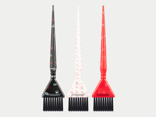Framar Limited Edition Get Lucky Triple Threat Tint Brush Set Of 3 - One Red + One White +_ One Black, Framar Get Lucky Tint Brushes With White + Black And Red Tattoo Art Detail, Framar Get Lucky Collection - Limited Edition, Triple Threat Medium Sized Hair Colour Brushes, Framar NZ, Salon Supplies NZ, Professional Salon Suppliers NZ, Hair Products Online