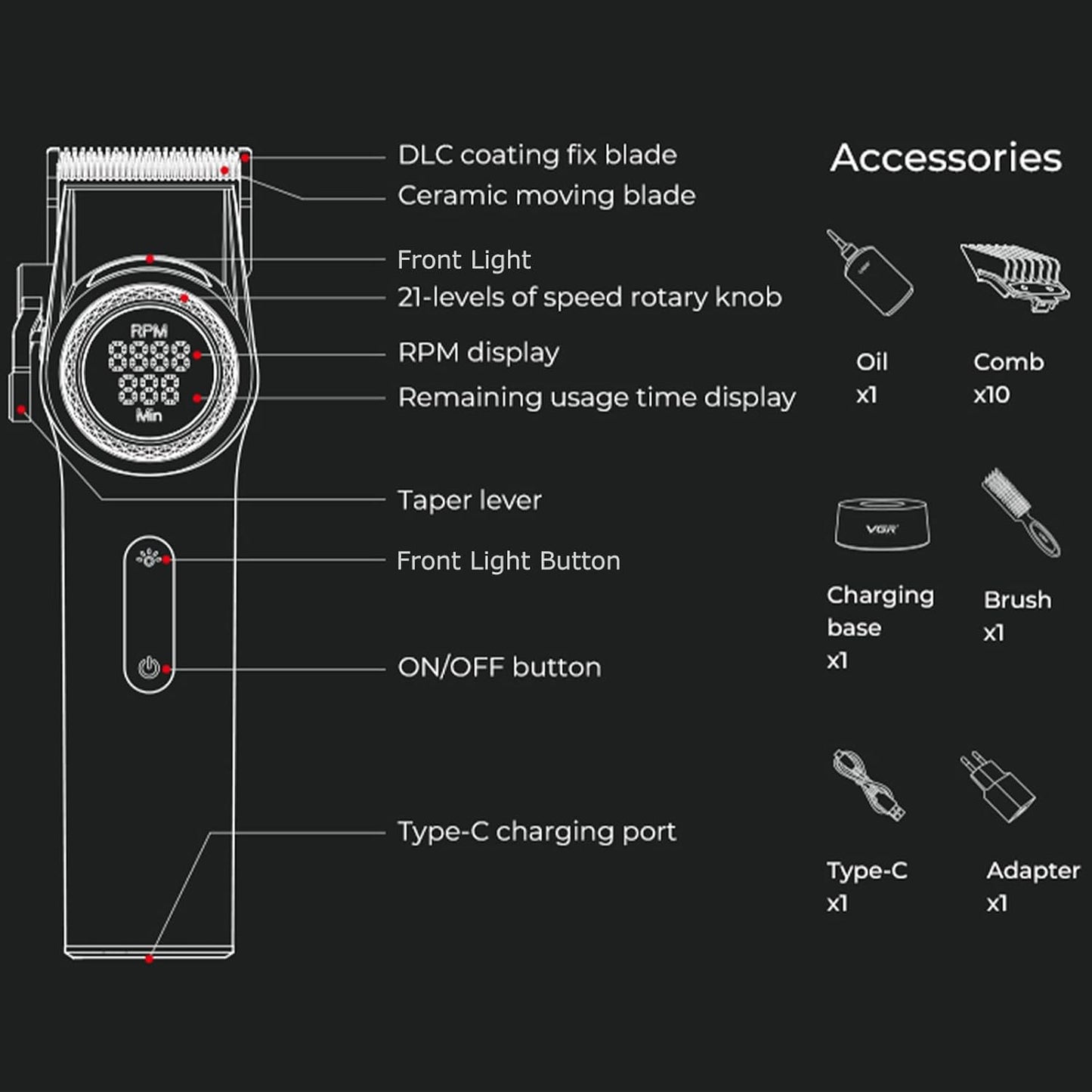 VGR Voyager Professional Hair Clipper - Black