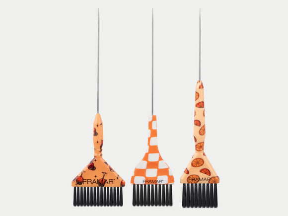 Framar Puttin' On The Spritz Pin Tail Tint Brush Set Of 3, Framar Pin Tail Hair Colour Tint Brushes Set of 3 - Limited Edition Orange Spritz, White & Orange Check & Citrus Patterns, Summer Vibes Framar Tint Brushes, Framar Puttin' On The Spritz, Authorized Framar Stockist NZ, Professional Salon Supplies NZ, Colortrak, Styletek