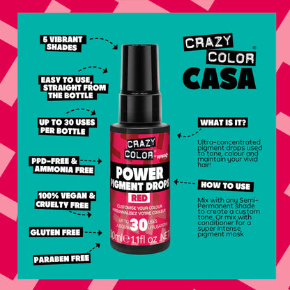 Crazy Color Power Pigment Drops - Red 30ml (High Concentration Colour)