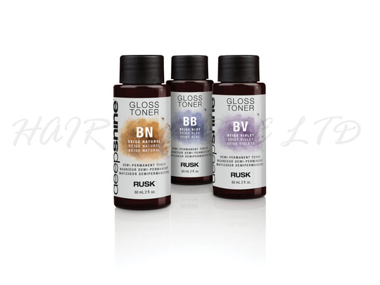 Rusk Deepshine Professional Gloss Hair Toners 60ml, Rusk Hair Colour Gloss, Demi-Permanent Gloss Toner, Hair Toners - BN = Beige Natural + BV = Beige Violet + BB = Beige Blue, Gloss Toners (Requires Developer), Professional Salon Supplies NZ, Hair And Beauty Supplies NZ, Rusk NZ