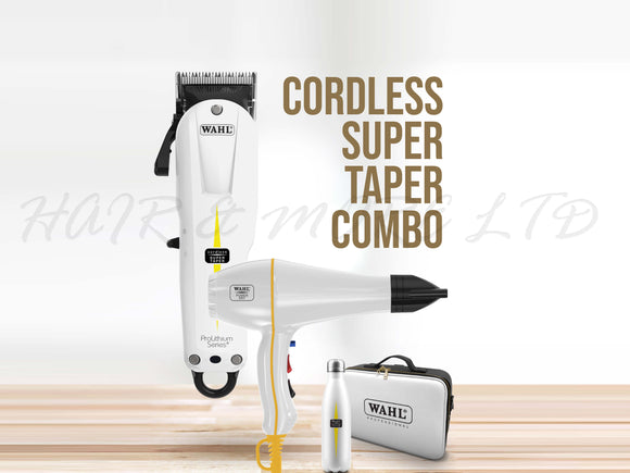 WAHL Professional Combo Pack - Cordless Super Taper Clipper, Power Dry 2000W Hairdryer, Water Bottle & Toolcase!