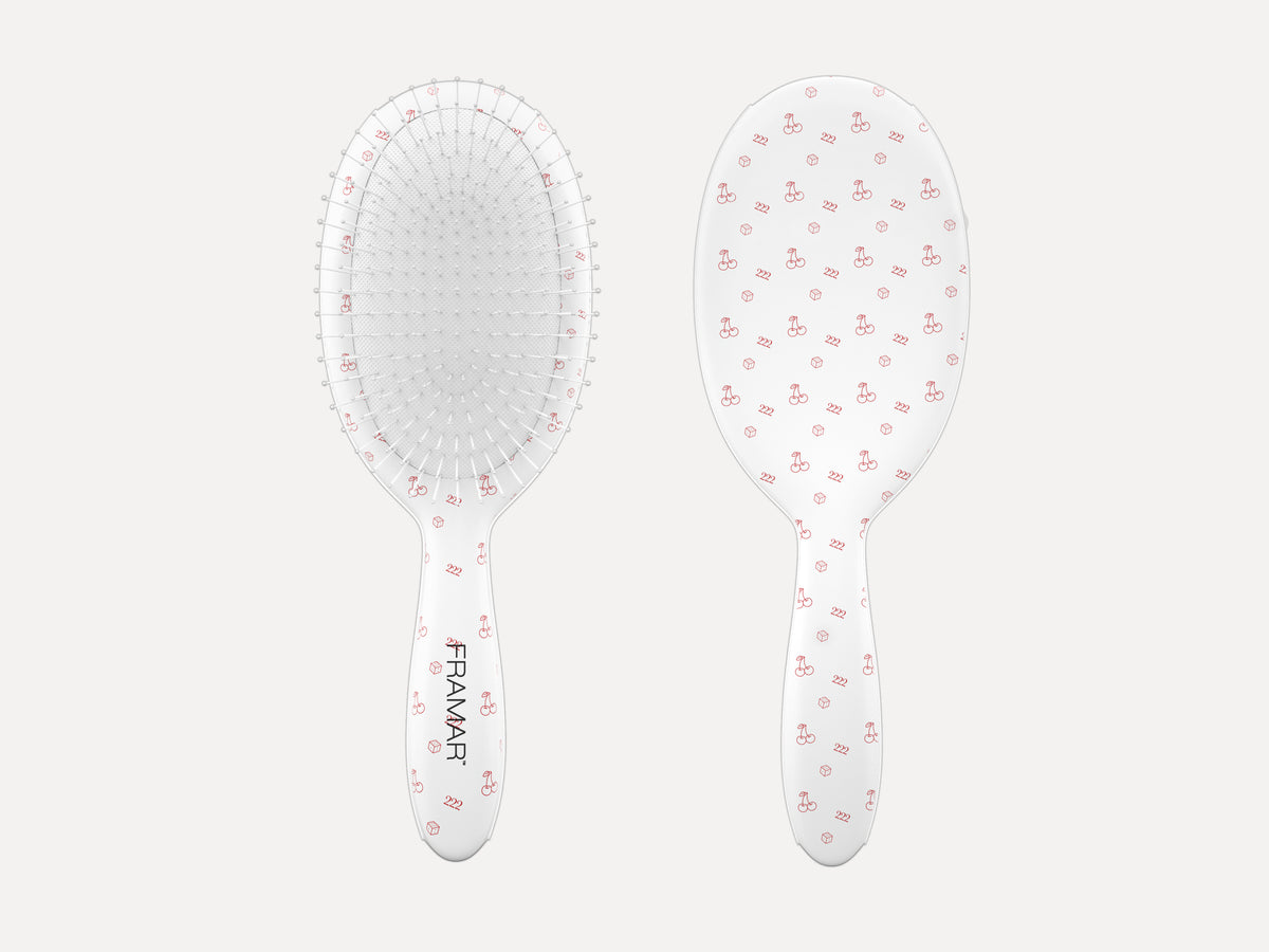 Framar Limited Edition 'Get Lucky' Detangle Brush - Lucky, White Hair Brush With Red Tattoo Art Detail 