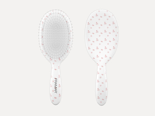 Framar Limited Edition 'Get Lucky' Detangle Brush - Lucky, White Hair Brush With Red Tattoo Art Detail 