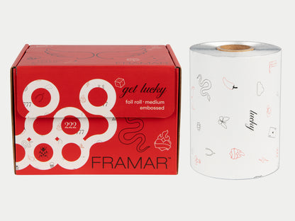 Framar Limited Edition Get Lucky Foil Roll 97.5m, Framar Get Lucky Roll Foil - White With Black And Red Tattoo Art Detail