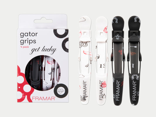 Framar Limited Edition 'Get Lucky' Gator Grips 4 Pack 2 White & 2 Black, Framar Get Lucky Gator Clips - White & Black With Tattoo Art Detail, Framar Get Lucky Collection - Limited Edition, Framar NZ, Salon Supplies NZ, Professional Salon Suppliers NZ, Hair Products Online