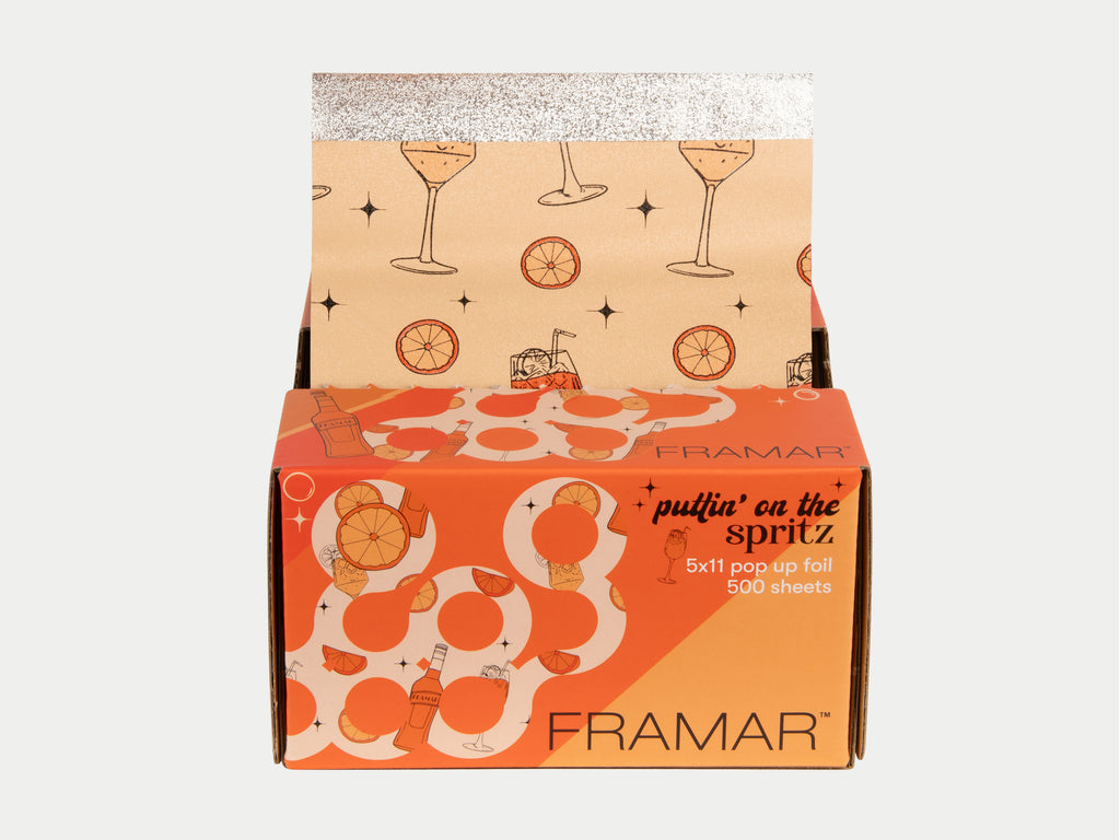 Framar Puttin' On The Spritz Pop-Up Pre Cut Highlighting Foils 500 Sheets, Framar Pop Up Foil Limited Edition Orange Spritz & Citrus Pattern, Summer Vibes Framar Pop Up Highlighting Foils, Framar Puttin' On The Spritz, Authorized Framar Stockist NZ, Professional Salon Supplies NZ, Colortrak, Styletek