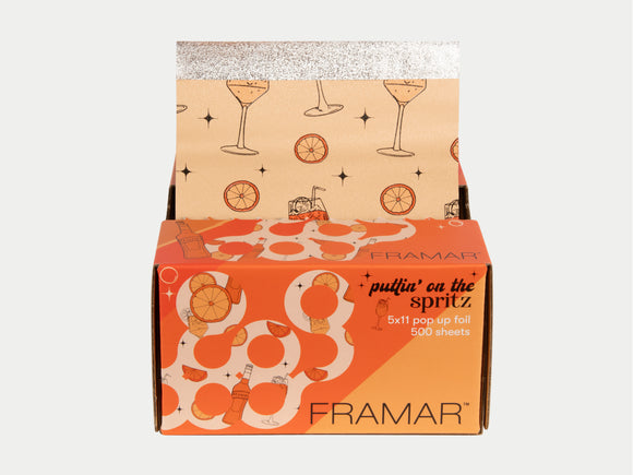 Framar Puttin' On The Spritz Pop-Up Pre Cut Highlighting Foils 500 Sheets, Framar Pop Up Foil Limited Edition Orange Spritz & Citrus Pattern, Summer Vibes Framar Pop Up Highlighting Foils, Framar Puttin' On The Spritz, Authorized Framar Stockist NZ, Professional Salon Supplies NZ, Colortrak, Styletek