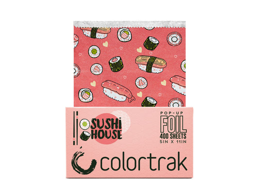 Colortrak Sushi House Pop Up  Foils 400 Sheets 5" x 11", Salmon Pink Foil With Cute Sushi Pattern, Pre-Cut Pop Up Hair Highlighting Foil, 5" x 11"