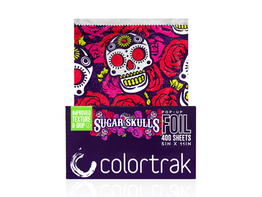 Colortrak Sugar Skulls Embossed Pop Up  Foils 400 Sheets 5" x 11", Dark Background Foils With Red And Pink Roses & Dia de los Meurtos Sugar Skulls, Pre-Cut Pop Up Hair Highlighting Foil, 5" x 11" 