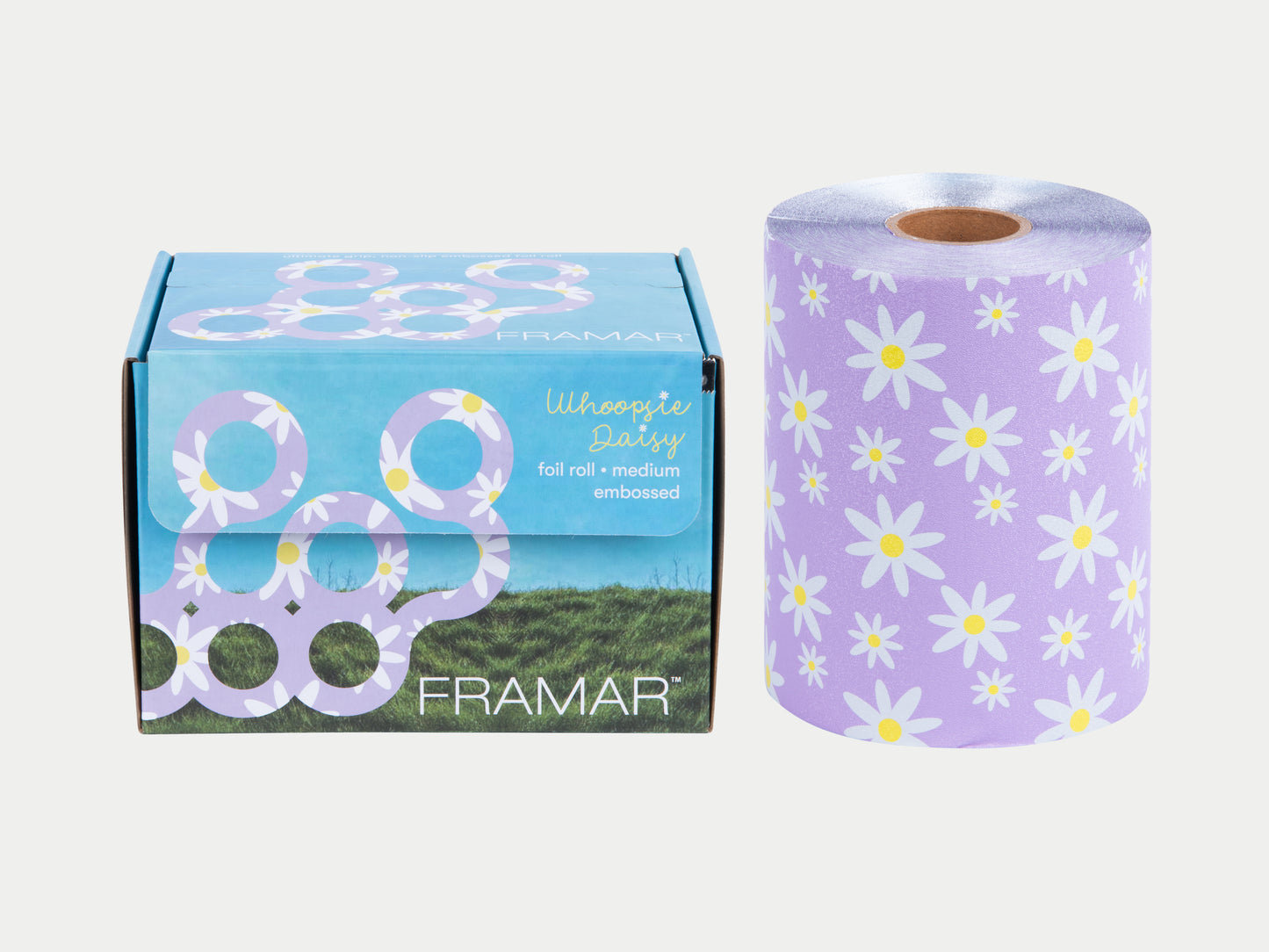 Framar Highlighting Roll Foil Whoopsie Daisy, Framar Whoopsie Daisy Foil Lavender Background with White Daisies 
