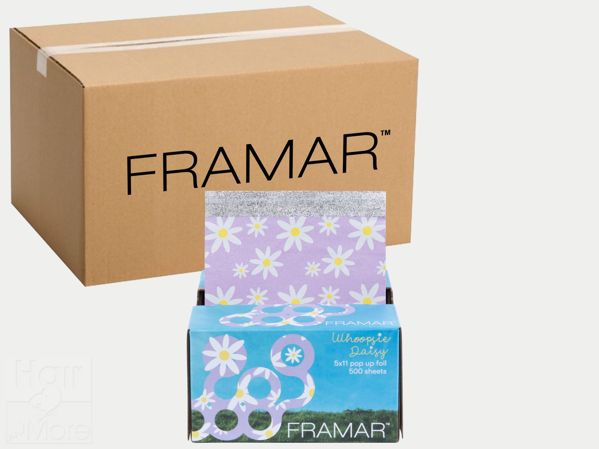 Framar Pop Up Foil 5 x11" 500 Sheets Whoopsie Daisy - 12 Box Carton, Stock Up Your Salons Foils And Save, Light Purple Foil With White Daisy Pattern, Framar Pop Up Foils In Daisy Pattern With Purple Background, Hair Highlighting Foil Pre-Cut, Framar Checked Out, Framar Stockist, NZ Salon Supplies, Professional Hair And Beauty Supplies