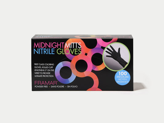 Framar Midnight Mitts Dispoable Gloves Black 100 Pack Size Medium, Framar Stockist NZ, Framar Colour Gloves, Disposable Hairdressing Gloves, Salon Essentials, NZ Salon Supplies