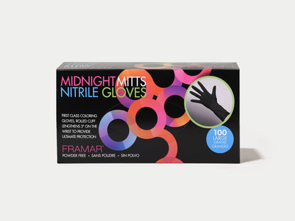 Framar Midnight Mitts Disposable Gloves Black 100 Pack Size Large, Framar Stockist NZ, Framar Colour Gloves, Disposable Hairdressing Gloves, Salon Essentials, NZ Salon Supplies