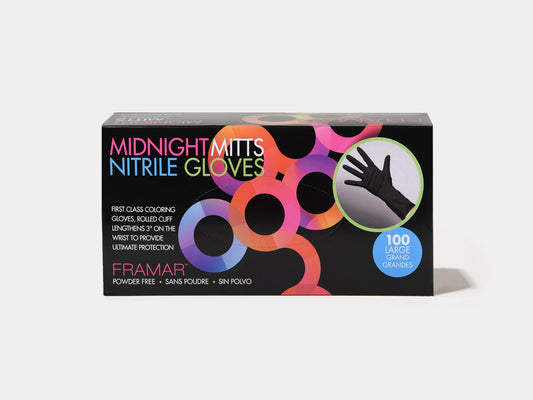 Framar Midnight Mitts Disposable Gloves Black 100 Pack Size Large, Framar Stockist NZ, Framar Colour Gloves, Disposable Hairdressing Gloves, Salon Essentials, NZ Salon Supplies