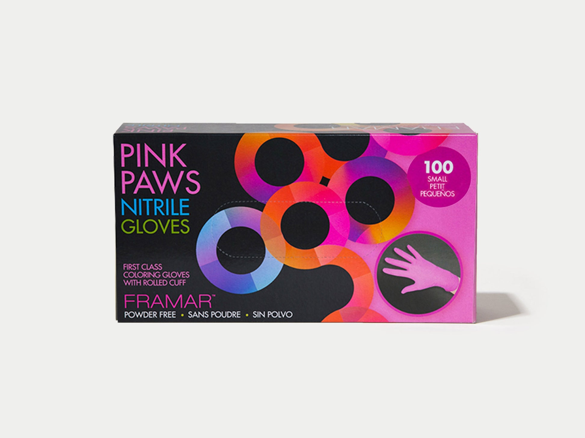 Framar Pink Paws Black 100 Pack Size Small, Framar Stockist NZ, Framar Colour Gloves, Pink Disposable Hairdressing Gloves, Salon Essentials, NZ Salon Supplies
